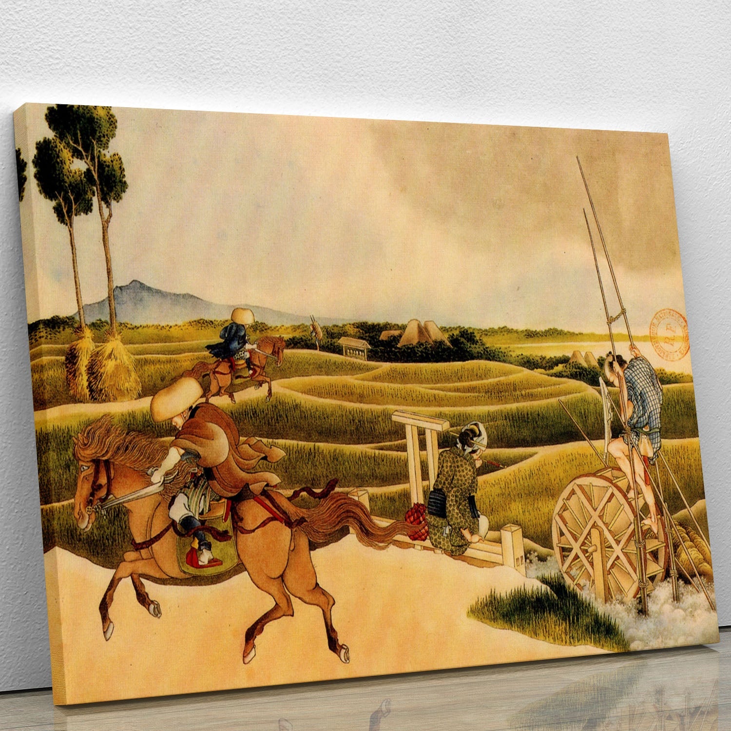 Canvas print of Hokusai's Samurai riding on horses, showcasing vibrant colors and intricate details.